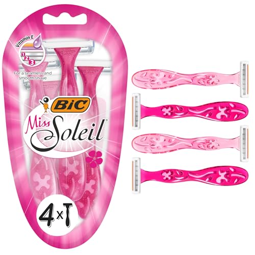 BIC Miss Soleil Razors Women - Triple Blade Disposable Womens Razors with Pink Flower Handles - Pack of 4