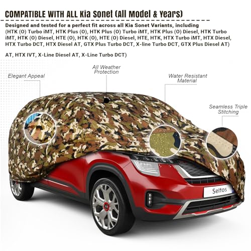 Image of Pivalo Car Body Cover for Kia Seltos All Model & Years (2019-2024) 100% Waterproof with Mirror Pockets, Triple Stitched Dustproof Heat Resistant UV Protection (Military /Jungle /Camouflage)