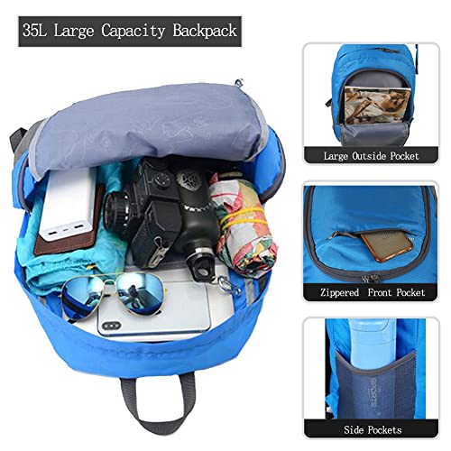 HYCOPROT 35L Packable Backpack Ultra Lightweight Foldable Rucksack Water Resistent Breathable Bag for Men Women Outdoor Camping Walking Hiking Climbing Travel Daypack (Blue) - Image 4