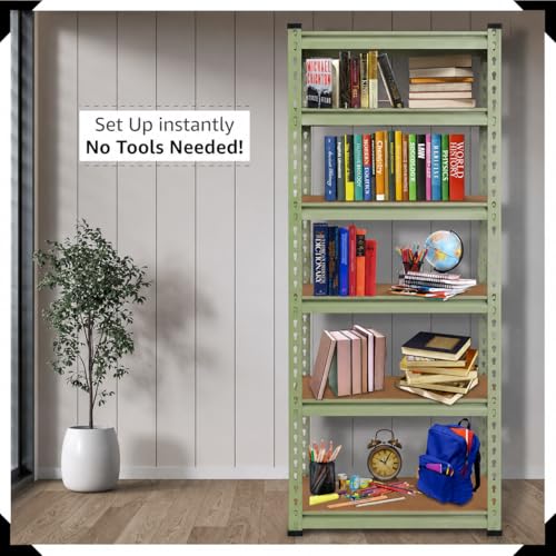 Image of BonKaso Adjustable 6-Shelf Metal Storage Rack | Heavy-Duty Steel Boltless Rivet Utility Shelving Unit for Garage, Kitchen & Office | 62 Inches Height (62 x 24 x 12 in) - Olive Green