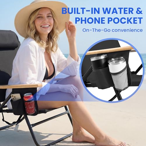 Cansky Portable Beach Chair for Adults, Outdoor Lightweight Camping Chair with Wooden Desgin Armrests, 5-Position Reclining Flat Lay, Cup Holder, Zipper Pouch, Backpack Design, No Towel Rack, Black - image 5