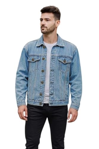 Image of True Face Mens Denim Jacket Long Sleeve Casual Wear Loose Fit Outerwear Lightweight Outdoor Top Light Wash XXL