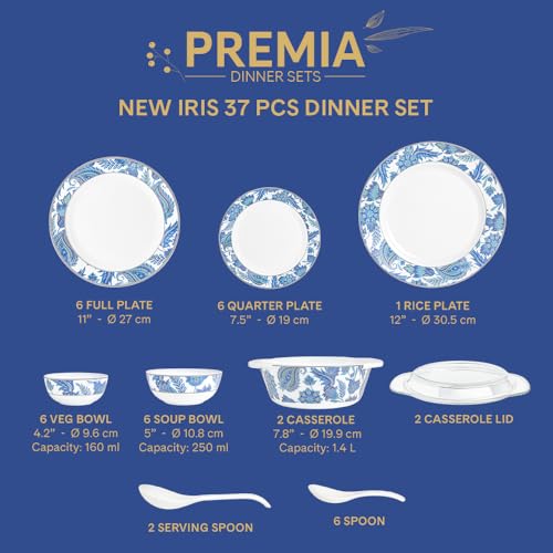 Image of Larah by Borosil 37pc Opalware New Iris Dinner Set for Family of 6 | Microwave & Dishwasher Safe Crockery Set for Dining & Gifting | Plates & Bowls