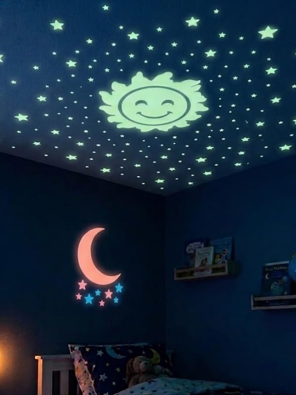 Mucit Home Güneş Ay Figürlü Renkli Yıldızlı Fosforlu Duvar Süsü Gece Parlayan