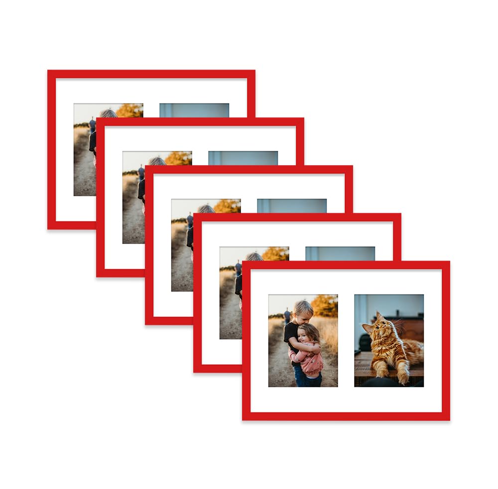 Red Multi Photo Frame - Holds 2 x 8x6 Pictures, Family Collage Picture Frame for Wall Display, 16x12 Frame size, Set of 5