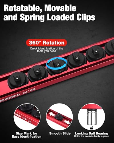 Image of WORKPRO 6-Piece Magnetic Socket and Screwdriver Organizer Set | 3-Piece 1 /4 inch, 3 /8 inch & 1 /2 inch Drive Metric & SAE Socket Rails, 3-Piece Screwdriver and Wrench Holders