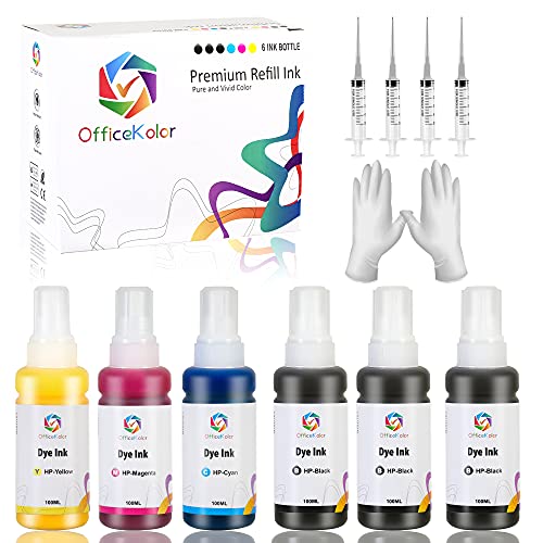 OfficeKolor 6 Pack Ink Refill Bottle Kit Compatible for HP 950 951 932 933 60 61 952 902 901 62 63 21 22 920 940 934 564 711 970 971 94 95 96 Refill Ink Bottles with Syringes and Gloves