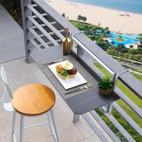 Adjustable Wall Mounted Balcony Table Space Saving Folding Dining Table with Shelves Hanging Side Table for Outdoor Use (White 60x35cm 23.6x13.8in)