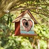 Glitzhome Bird House for Outdoor, 8.75" H Decorative Pet Cottage Distressed Heart Wooden Birdhouse for Outside,Graden Hanging Birdhouse for Bluebird Hummingbird Wren Finch Cardinals Cedar