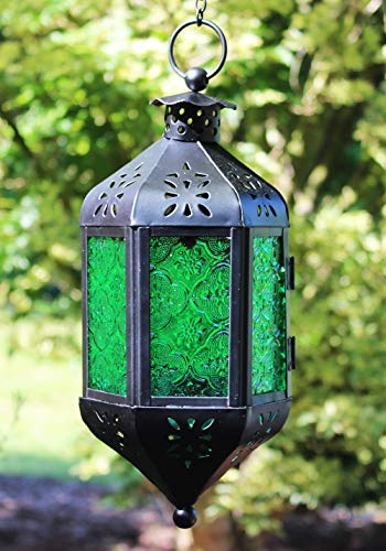 Vela Lanterns Hanging Moroccan Decorative Candle Lantern Holder For Ramadan, Green Glass #TOP2