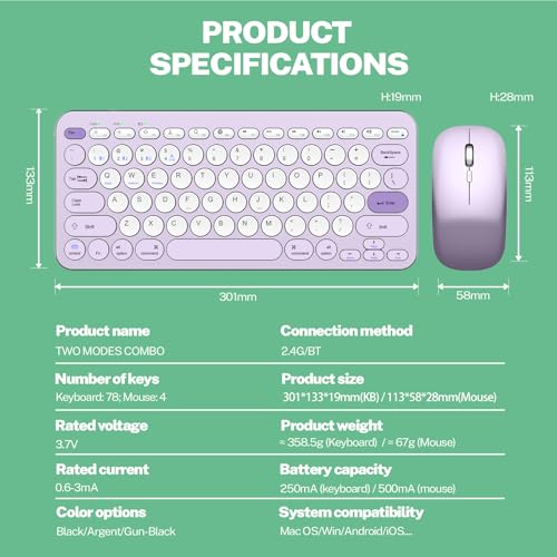 Wireless Keyboard and Mouse, Compact Multi-Device Bluetooth Keyboard and Mouse Combo, Silent Adjustable 2400 DPI, 2.4G+Bluetooth Computer Keyboards for Laptops Mac PC, Chrome OS, Travel (Purple) - Image 8