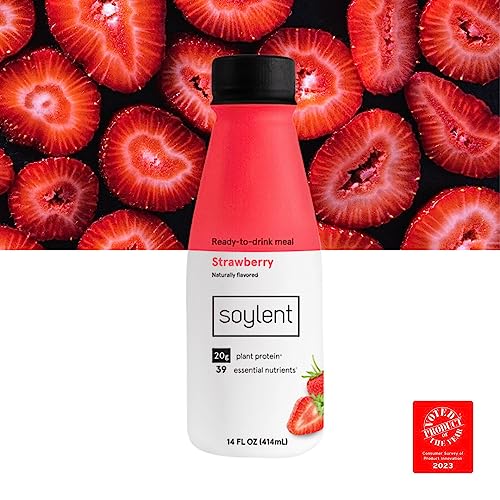 Image of Soylent Strawberry Meal Replacement Shake, Ready-to-Drink Plant Based Protein Drink, Contains 20g Complete Vegan Protein and 1g Sugar, 14oz, 12 Pack