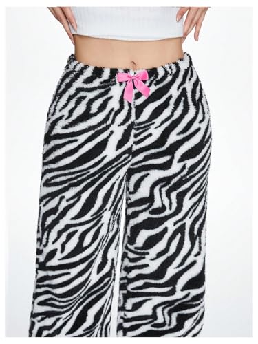SHENHE Women's Zebra Print Fuzzy Bow Front Palazzo Pants Baggy Loungewear Comfy Trousers4