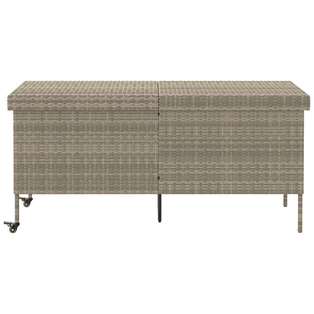 Caja de almacenamiento de resina trenzada gris claro con ruedas y frenos, caja de almacenamiento para cojines exteriores, marco de acero recubierto de polvo, tapa de resorte de gas, bolsa