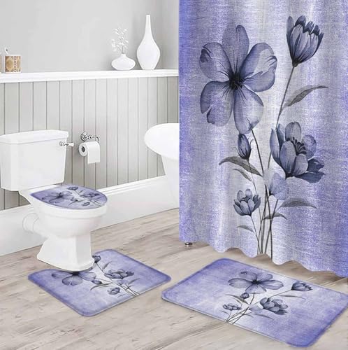 Purple Floral Bathroom Set with Shower Curtain and Rug Accessories - 36x72 Inches Long Vintage Botanical Gradient Pastel Painting Stall Curtain Waterproof with Large Bath Mat,Washable Runner Rug Set