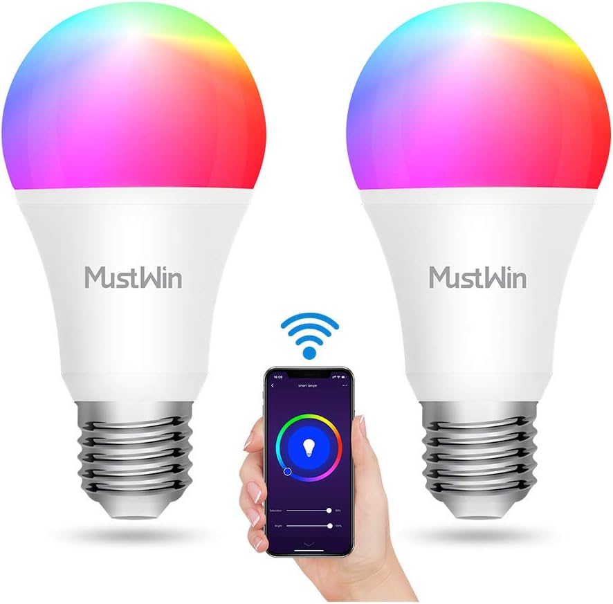 MustWin WiFi Smart Bulb Compatible with Alexa, Google Home and IFTTT, Colour Changing Light Bulb B22 Bayonet Dimmable LED Light 9W=80W, No Hub Required, Pack of 2…