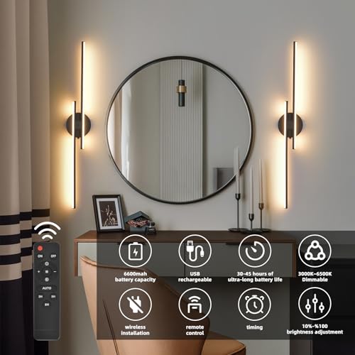 Image of Rechargeable Battery Operated Wall Sconce Set of Two, Black Wireless LED Wall Sconces with Remote Control, Dimmable 3 Colors Cordless Wall Lights for Living Room, Bedroom, Hallway, 31.4 Inch(2pcs)