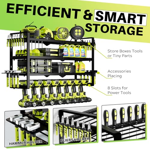 Image of Hipidian Fathers Day Best Gifts for Daddy, Heavy Duty Power Tool Organizer Wall Mount- 400lb Capacity 4-Tier Storage Rack with 8 Drill Holders for Garage Tools, Birthday Gifts for Men Dad Husband