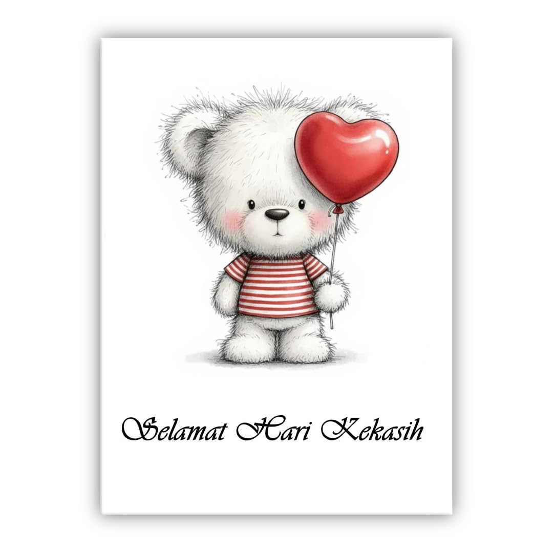 Multilingual Valentine’s Day Card – Cute Bear with Heart Balloon – Romantic Greeting Card for Husband, Wife, Boyfriend, Girlfriend (• Malay Selamat Hari Kekasih)