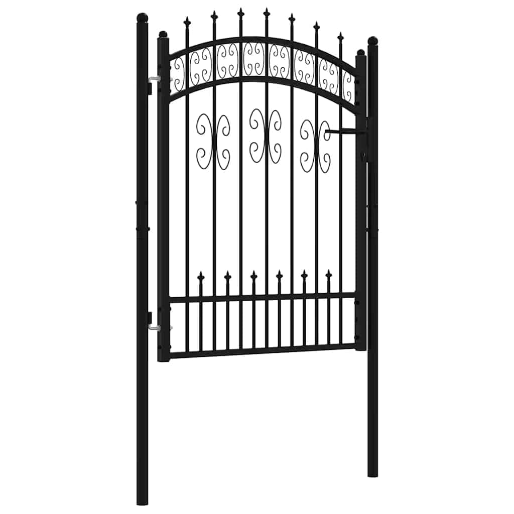 Kampen Portail de clôture avec pointe de lance, noir, 103 x 125 cm, en acier revêtu par pulvérisation, porte de jardin avec partie supérieure bombée et serrure de sécurité
