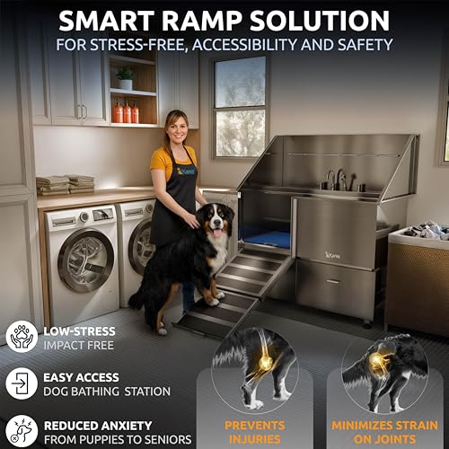 Image of KANIS Professional Dog Washing Station 304 Stainless Steel Pet Wash Sink & Grooming Bathtub w /Shower, Floor Grates and Storage for Large, Medium & Small Pets (Silver, 50 Inches, Left Ramp, 2 Drawers)