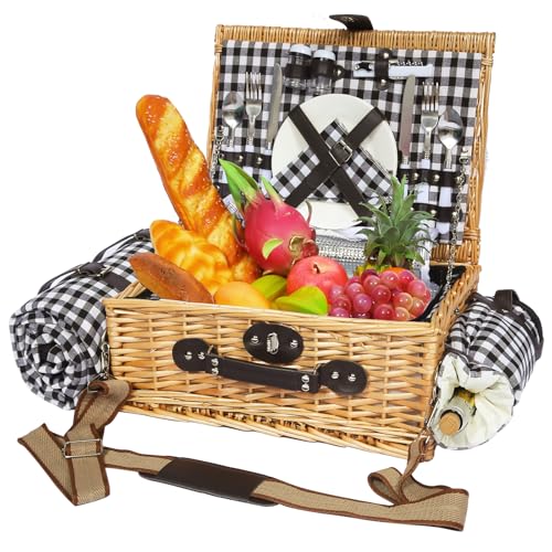 HYBDAMAI Picnic Basket for 2, Blanket & Insulated Wine Pouch, 16.6" Black by HYBDAMAI - Used condition - Image 8