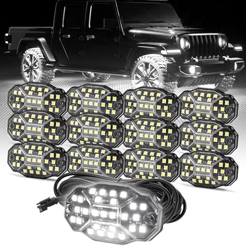 Winunite 12 Pods Plug and Play White Rock Lights, 27 Full Angle Chips, 4M Extension Wires Each Light, 6000K Pure White, IP67 Waterproof Fits for Trucks Trailer SUV ATV UTV Cover
