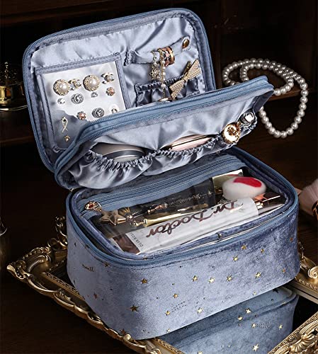 Hoyofo Double-Layer Makeup Bags For Women Multifunctional Travel Cosmetic Bag Set Of 2 Velvet Cosmetic Storage Case With Brush Holders (F-Blue Set) #TOP1