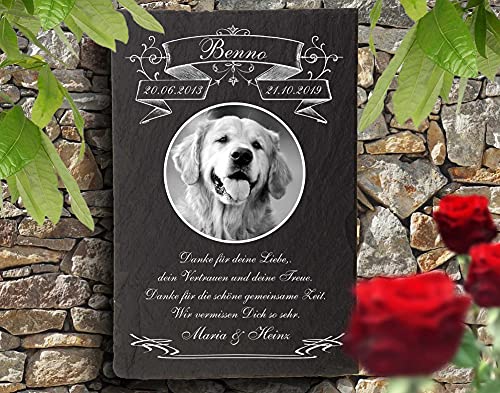 Pokal Center Westerheider Tiergrabstein mit Bild und Text, Gedenktafel mit personalisierter Gravur für Hunde, Katzen, Haustiere Gedenksteine aus Naturschiefer 30 x 20 cm