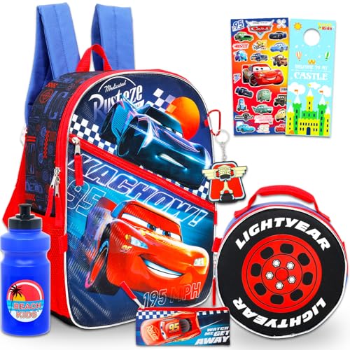 Disney Mochila de carros com conjunto de lancheira – Pacote com bolsa escolar Lightning McQueen e Jackson Storm, lancheira, garrafa de água, adesivos, mais | Mochila Disney Cars para crianças