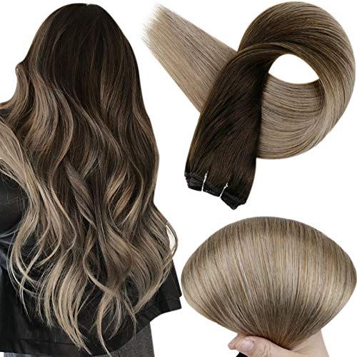 Full Shine 22 Inch Balayage Hair Weft Extensions Human Hair Sew In Extensions Dip Dyed Color 2 Fading To 6 Brown and 18 Ash Blonde Highlighted Remy Hair Bundles 100 Grams