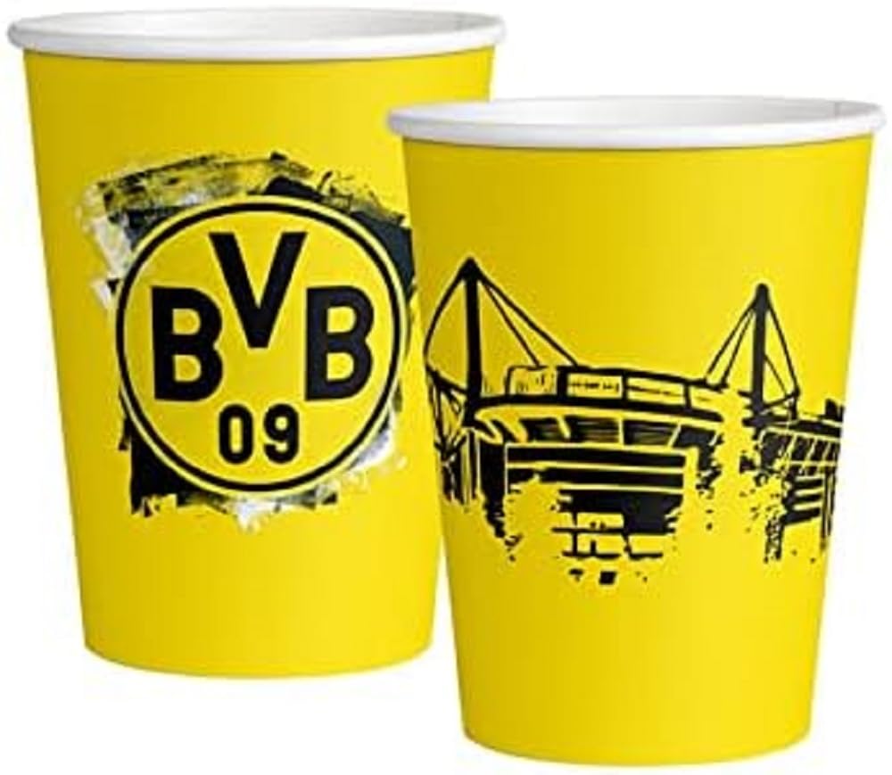 amscan 9908526-66 BVB Cups, Pack of 8, Filling Volume 250 ml, Paper, Borussia Dortmund, Paper Cups, Disposable Tableware, Football, Party, Fan, Birthday