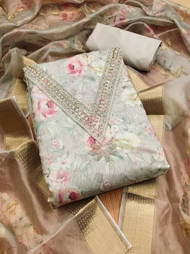 Image of Pandadi Saree Women's Organza with Handwork Embellishments Unstitched Salwar Suit Dress Material