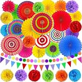 TURNMEON 38 Pcs Fiesta Party Decorations, Mexican Party Decorations 18 Colorful Hanging Paper Fans 18 Pom Poms Pennant Garland String for Mexican Decorations Taco Tuesday Birthday Hawaiian Luau Party