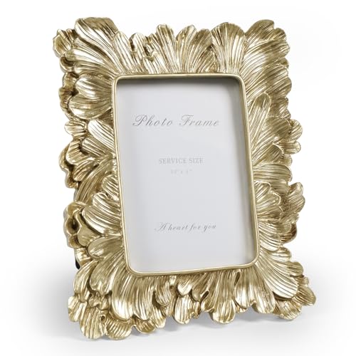 Small Gold Picture Frame 3x5 Frames, Vintage Gold Palm Leaves Textured Hand-Crafted Resin with Glass Front Elegant Retro Vintage Design Photo Frame for Wall and Tabletop Display Home Decor