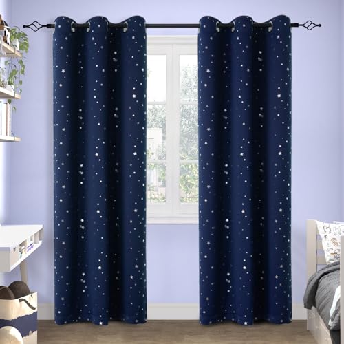 Image of BGment Kids Blackout Curtains for Bedroom - Grommet Thermal Insulated Silver Star Print Room Darkening Curtains for Kids Room, Set of 2 Panels, 38 x 84 Inch, Navy Blue