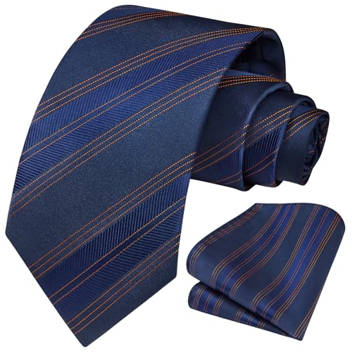 Image of HISDERN Mens Striped Ties Classic Silk Woven Tie and Pocket Square Set Formal Business Necktie Handkerchief for Wedding