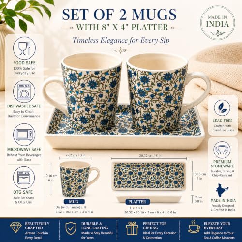 Image of Miah Decor Ceramic Coffee Mugs Set with Serving Platter, Handmade Stoneware