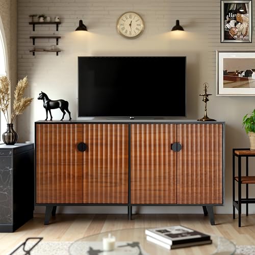 Image of Finnhomy Modern 4 Door Sideboard Buffet, Buffet Cabinet with Storage and Fluted Decor Door, Entertainment Console Accent Cabint for Living Room and Dining Room, 63X 15.7X 34.6 Inches