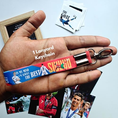 Image of TenorArts Cristiano Ronaldo Gift Box Merchandise for Fans - 5x7 Inches Laminated Photo Frame,1 Ronaldo Keychain, 1 Badge, 4 4x6 inches Sized Posters, Multi sized Players Stickers - 5 items in 1 Box | Perfect for Gifting Football Fans