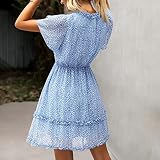 Generic Damen Mode Elegant Kurzarm V-Ausschnitt Hohe Taille Chiffon Rüschen Blumen Kleider Casual Locker A-Linie Swing Kleider Minikleider Knielang Kleider Atmungsaktiv und Leicht Boho Strandkleid