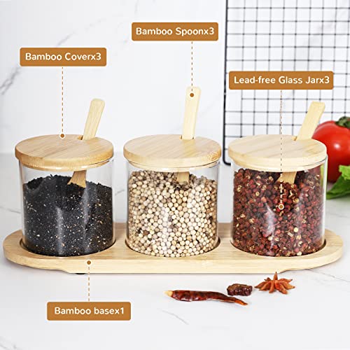 Condiment Jar Spice Container With Bamboo Base And Lids And Spoons,12Oz Glass Condiment Canisters Pots Seasoning Box Salt Container Sugar Bowl Set Of 3 For Kitchen,Coffee Storage #TOP4