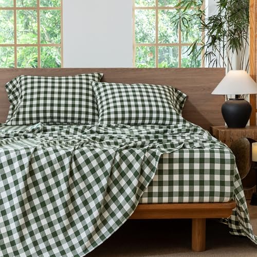 Image of MooMee Gingham Sheet Set 100% Washed Cotton Linen Like Textured Breathable Soft w /Fully Elasticized 16-19 inch Deep Pocket (Buffalo Plaid Forest Green, Queen)