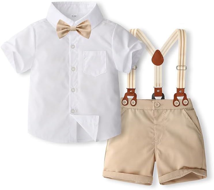 Baby Boy Summer Cotton Gentleman Short Sleeve Bowtie Romper Suspenders Shorts Outfit Set (Beige, 5T)