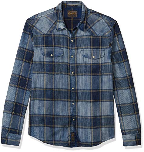 Lucky Brand Men's Long Sleeve Button Up Santa Fe Western Shirt, Blue Plaid, X Large