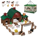 Wondertoys 164 Pcs Wooden Log Set Ranch Real Wood Logs Classic Building Log Ages 3+ Best Retro Farm Building Gift Set Creative Construction Engineering Educational Gifts