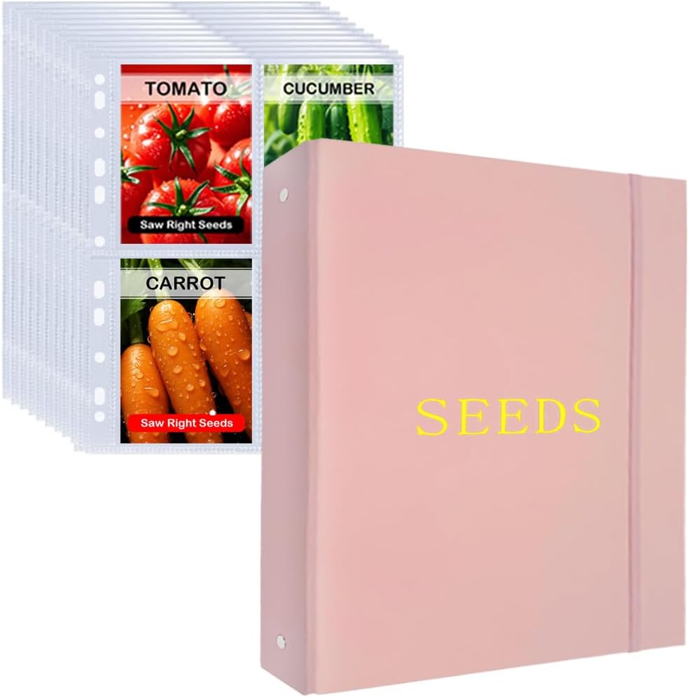 Seed Storage Organizer Binder,3 Ring Seed Packet Organizer with 100 Pockets(25 Pack Clear Sheet Protectors), Garden Seed Holder Book for Envelopes, Seed Saving Keeper, Pink