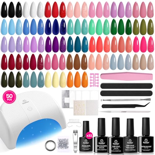 Beetles Gel Nail Polish Kit with U V Light, 32 Colors Gel Polish Nail Kit 50 Pcs Polish Set with Base and Matte&Glossy Top Coat Soak Off DIY Art Kit Manicure Spring Gifts for Women