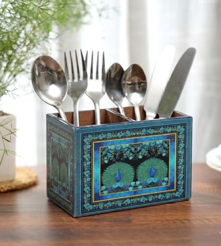 Image of DULI Multipurpose Stand, Cutlery Holder, Spoon Stand, Table Organizer with 2 Sections, Chammach Stand (10cm x 15cm) (2Peacocks)