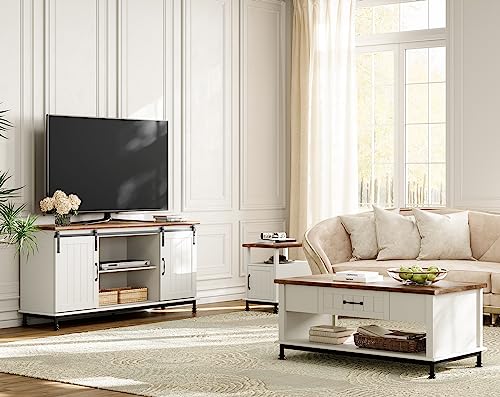 Wampat Premium Farmhouse Tv Stand,Coffee Table,End Table Set Of 3, 1 Large Center Table With Drawers, 1 Sliding Barn Door Tv Stand,1 Nightstand End Side Table,White/Oak #TOP1